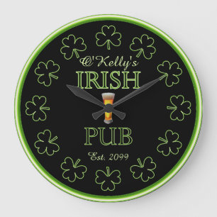 Grande Relógio de Taverna do Bar Pub - Irish Shamrocks