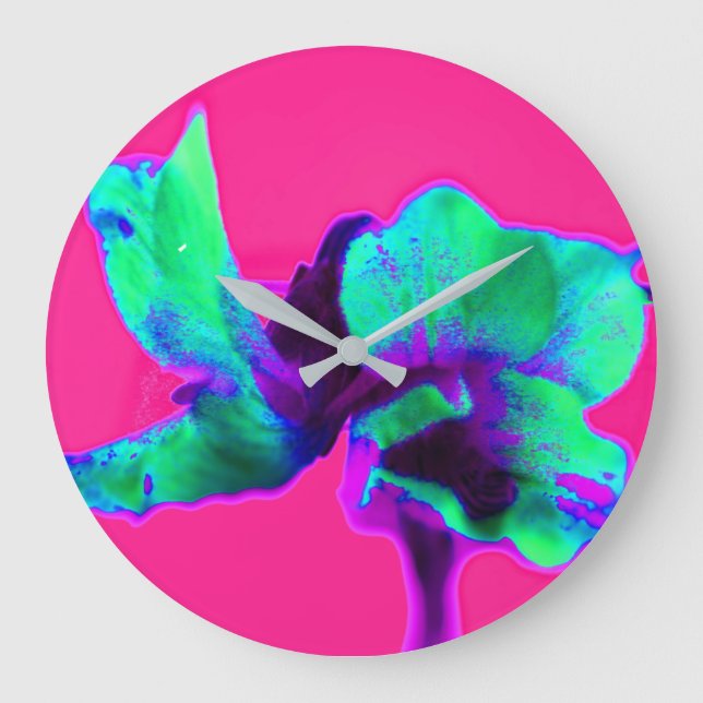 Grande Relógio Floral Abstrato verde e cor-de-rosa brilha (Frente)