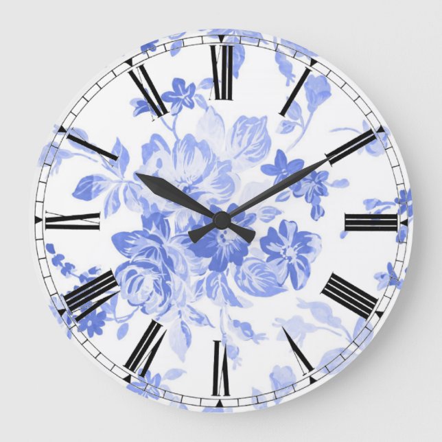 Grande Relógio Floral Branco Azul Elegante (Frente)