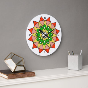 Grande Relógio - Mandala em Vermelho, Rosa, Verde, Amarel