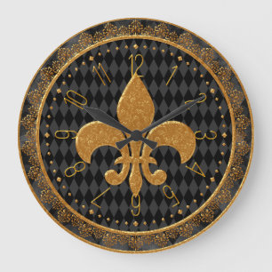 Grande Relógio Mardi Gras, Ouro Fleur de Lis Large Clock