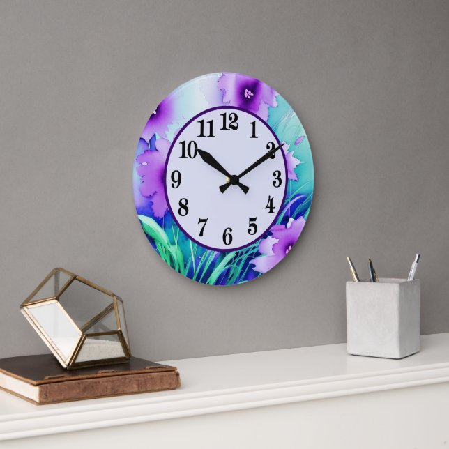 Grande Relógio redondo com flores decorativas em aquarela (Escritório)