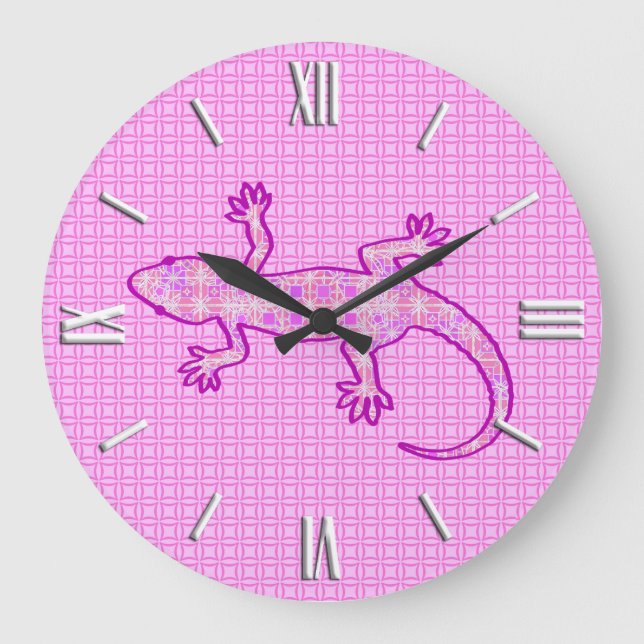 Grande Relógio Tribal Gecko - orquídea e casca rosa (Frente)
