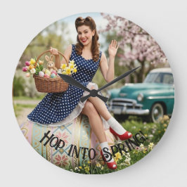 Grande Relógio Vintage de Páscoa com Pin-Up | Arte Retro 