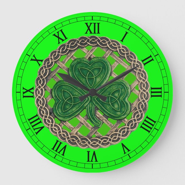 Grande Shamrock Verde & Celtic Knos Relógio Numérico Roma (Frente)