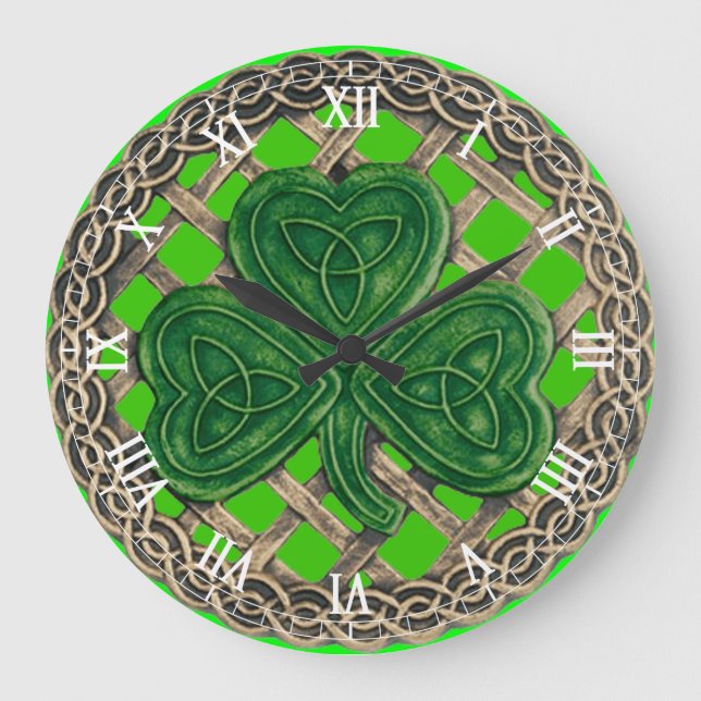 Grande Shamrock Verde e relógio numérico de nódulos celta (Frente)