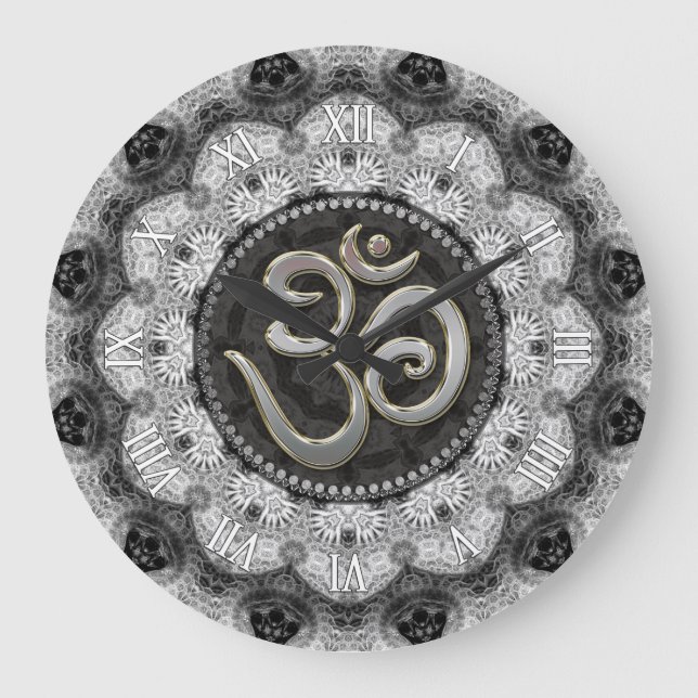 Grande Símbolo OM Yoga Black White Lace Mandala Relógio (Frente)
