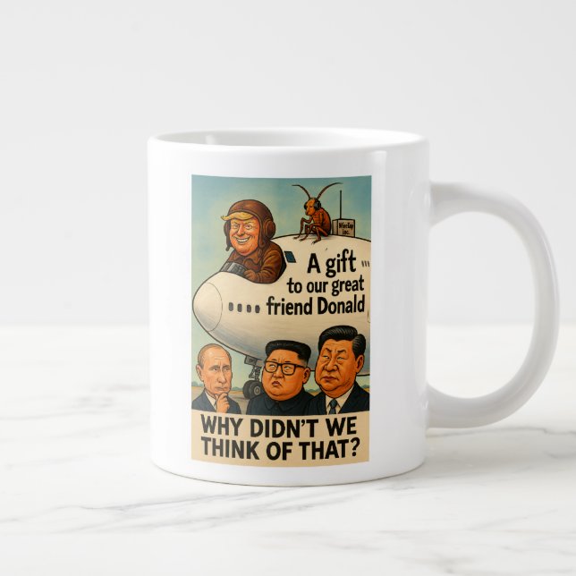 Grande Uma caneca de café com Trump no avião do Qatar. (Direita)