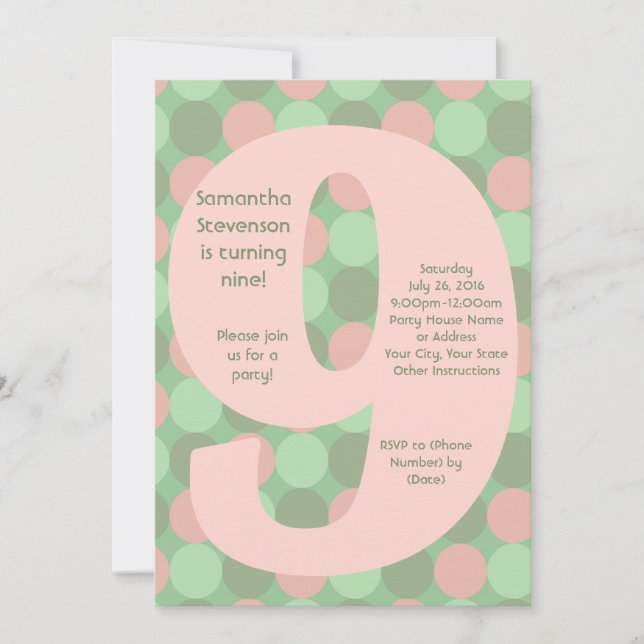 Grandes 9 Convites de aniversário, rosa e verde (Frente)