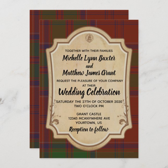 Grant Tartan Wedding Convite (Frente/Verso)