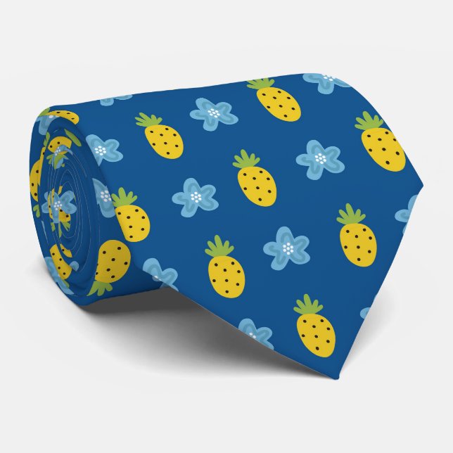 Gravata Abacaxis e Blue Floral Tropical Blue (Rolled)
