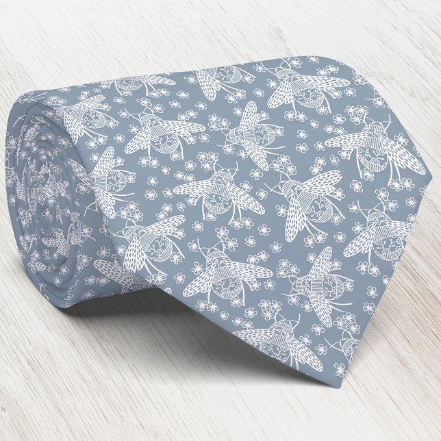 Gravata Abelha Mel (Honey bee blue and white neck tie for beekeepers and nature lovers)
