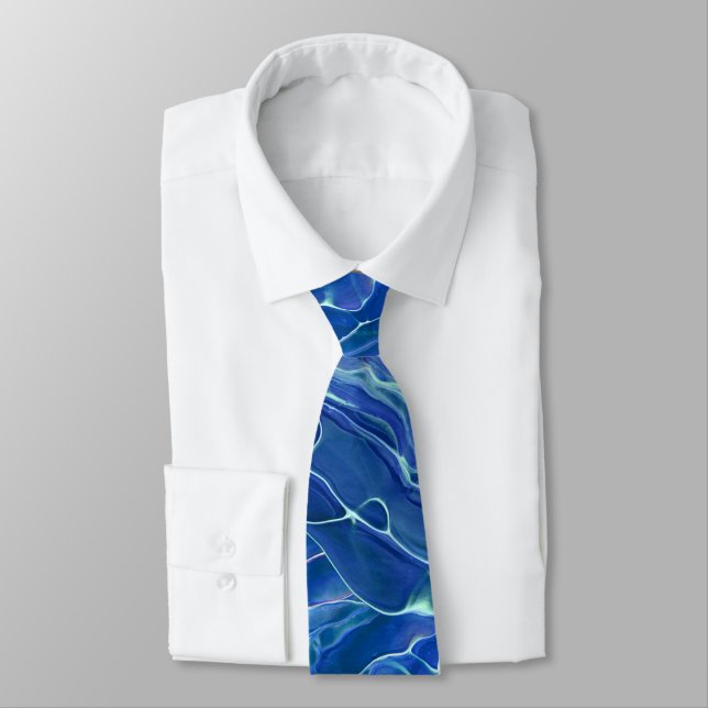 Gravata Abstração Acrílica de Mármore Azul e Branco (Amarrado)