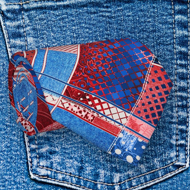 Gravata Abstrato de Jeans de de de nos EUA (Modern design tie featuring an abstract pattern with jeans in red white and blue patriot colors)
