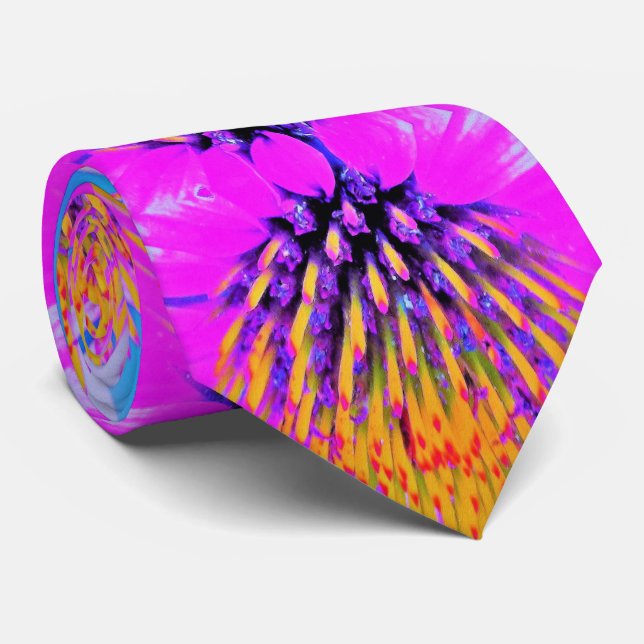 Gravata Abstrato Macro Rosa Quente e Amarelo Coneflower (Rolled)