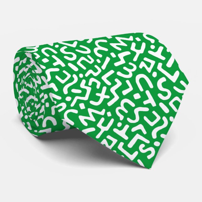 Gravata Abstrato Pattern 170822 - Branco sobre verde-grama (Rolled)