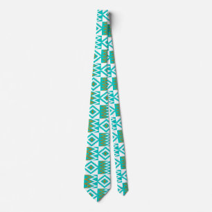 Gravata African Kente Cloth White Aqua Teal Blue Necktie