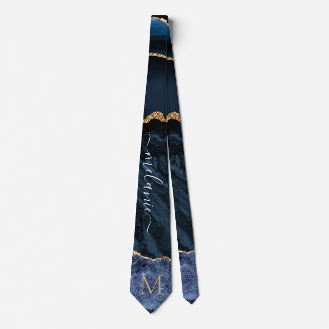 Gravata Agate Marinho Blue Gemstone Marble Monograma Nome (Frente)