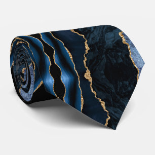 Gravata Agate Navy Blue Gold Geode Marble Elegant Neck Tie