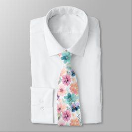 Gravata Aguarela Floral Suave Flores em Rosa Azul