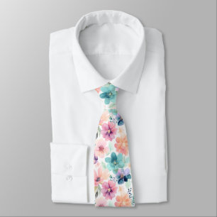 Gravata Aguarela Floral Suave Flores em Rosa Azul