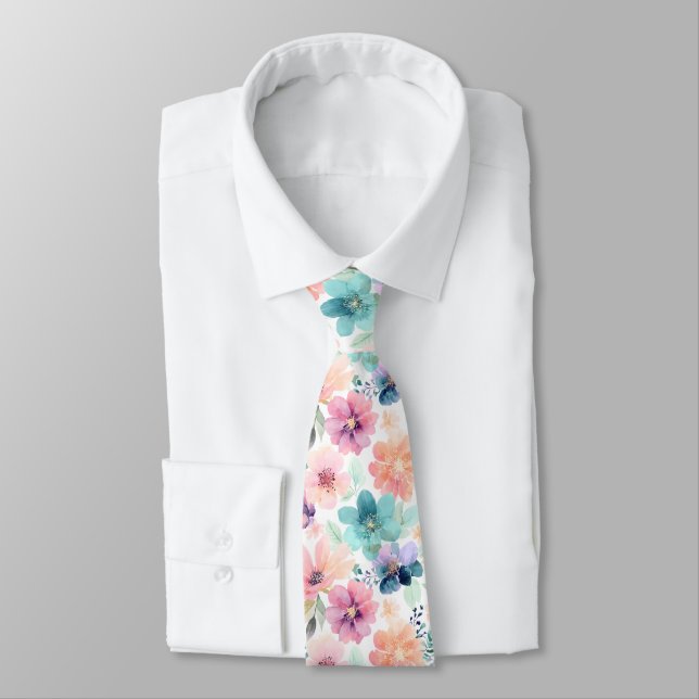 Gravata Aguarela Floral Suave Flores em Rosa Azul  (Amarrado)
