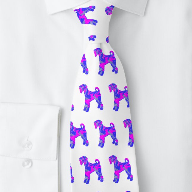 Gravata Airedale Terrier Dog Silhouket Rosa & Azul Branco (Airedale Terrier dog silhouette pink and blue pattern white tie )