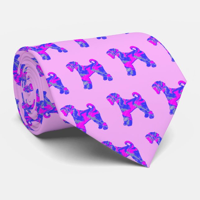 Gravata Airedale Terrier Dog Silhouket Rosa & Azul Rosa (Rolled)