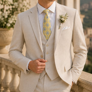 Gravata Amarelo Manteiga Azul Floral Medalha de Casamento
