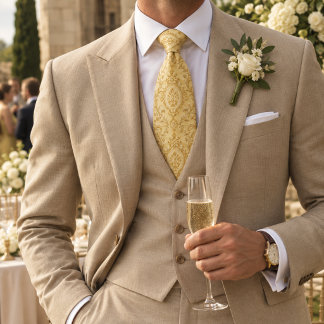 Gravata Amarelo Manteiga Dourado Barroco Damásco Elegante