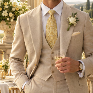 Gravata Amarelo Manteiga Dourado Paisley Barroco Rolo