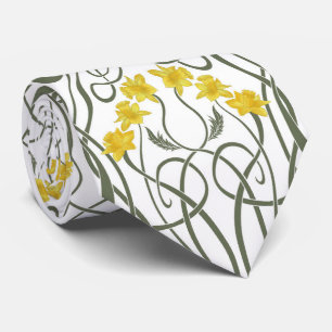 Gravata Amarelos Narcisos Art Nouveau e Caules Branco