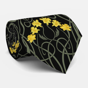 Gravata Amarelos Narcisos e Caules Preto Art Nouveau