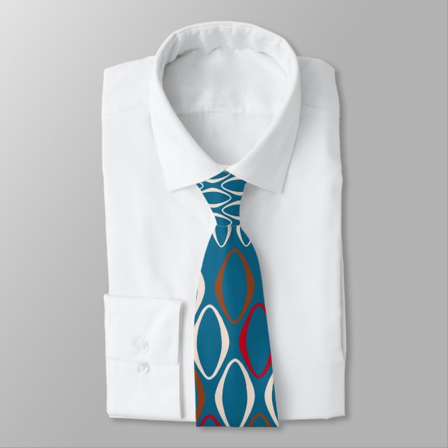 Gravata Anéis Oblongos Retro Branco, Vermelho, Marrom no T (Amarrado)
