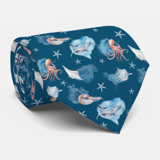 Gravata Animais do Mar de Aquarelas Oceano Design Azul