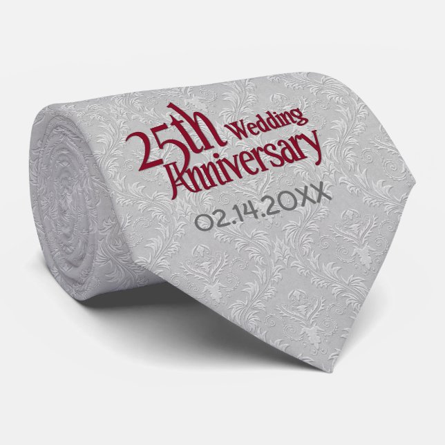 Gravata Aniversário de casamento do 25 de Silver Damask Cl (Rolled)