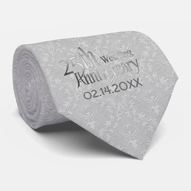Gravata Aniversário de casamento do 25 de Silver Damask Cl (Rolled)