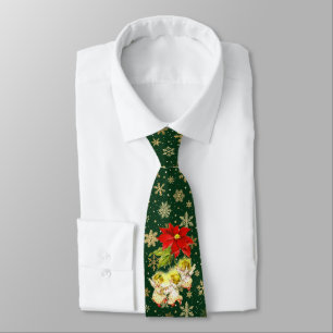 Gravata Anjos de Natal em Verde com flocos de neve Dourado