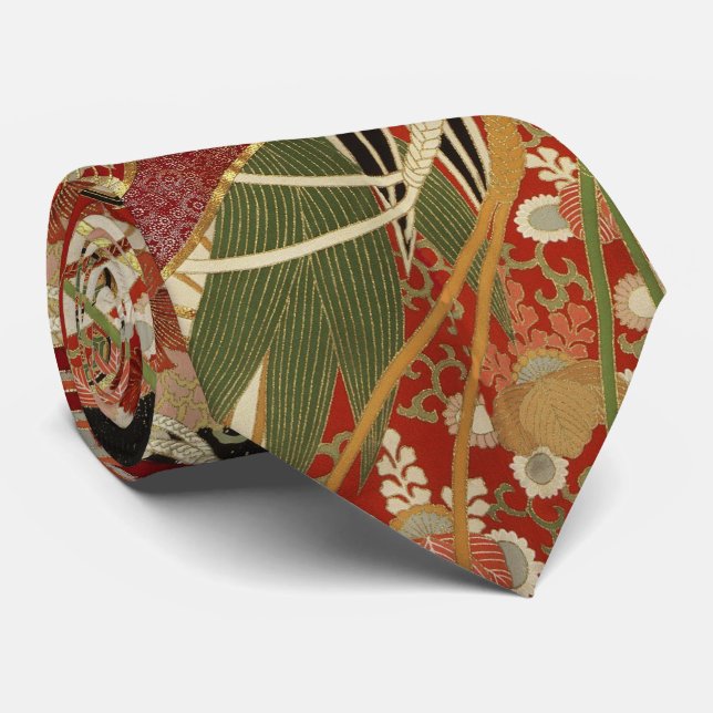Gravata ANTIQUE JAPONÊS FLORES Vermelhas Verde Negra (Rolled)