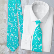 Aqua Hibiscus Outline Pattern Wedding Tie