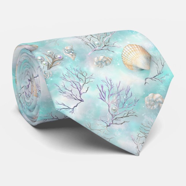 Gravata Aqua Ocean Waves & Seashell Pattern (8) (Rolled)