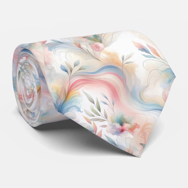 Gravata Aquarela Botânica Pastel Elegante (Rolled)