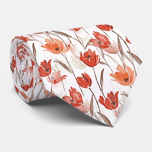 Gravata Aquarela de Flores Vermelhas Laranja Chic Poppy Bo (Rolled)