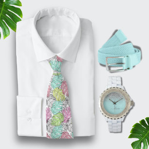 Gravata Aquarela Turquesa Havaiano Azul Aqua Monstera