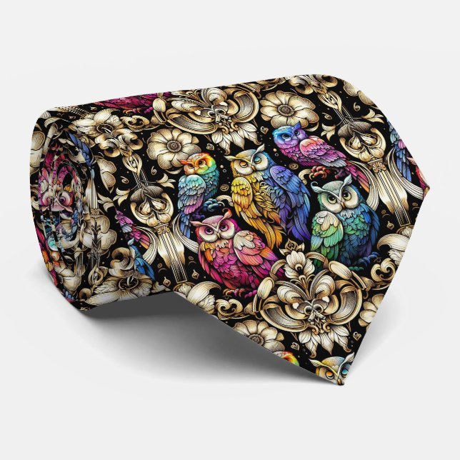 Gravata Arco-íris Coruja Art Déco Art Nouveau (Rolled)