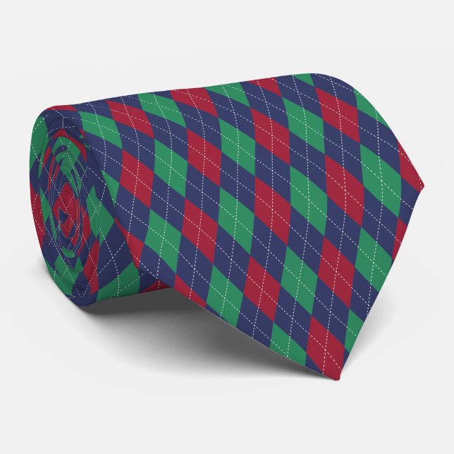 Gravata Argyle Azul Vermelho Verde Natal Clássico (Rolled)
