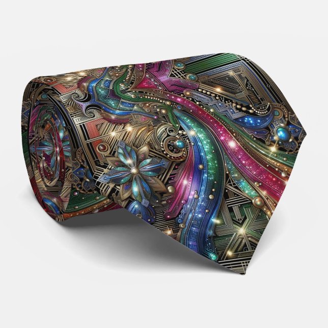 Gravata Art Deco Art Nouveau Rainbow Circuit Board Necktie (Rolled)