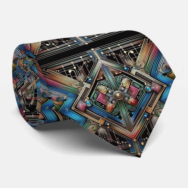 Gravata Art Deco Art Nouveau Rainbow Circuit Board Necktie (Rolled)