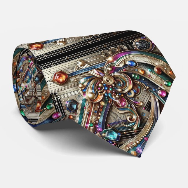 Gravata Art Deco Art Nouveau Rainbow Circuit Board Necktie (Rolled)