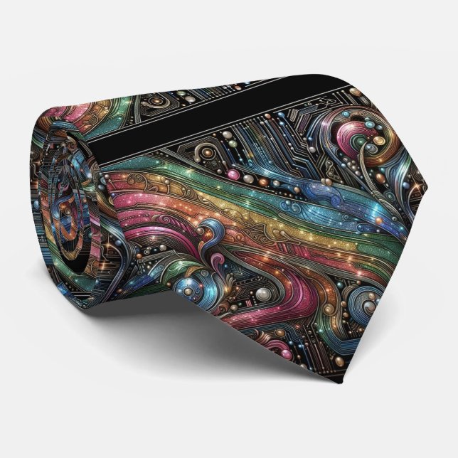 Gravata Art Deco Art Nouveau Rainbow Circuit Board Necktie (Rolled)